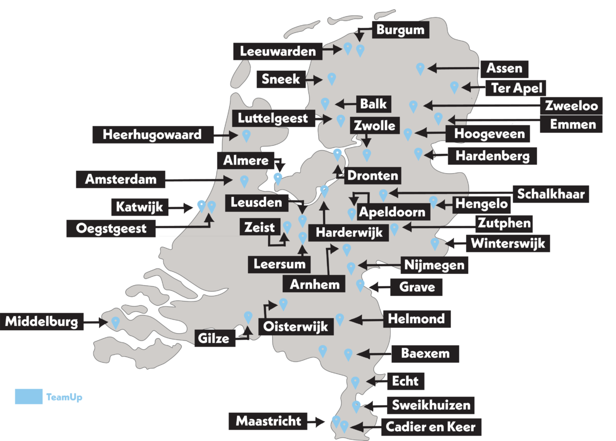 Kaart locaties TeamUp in Opvanglocaties